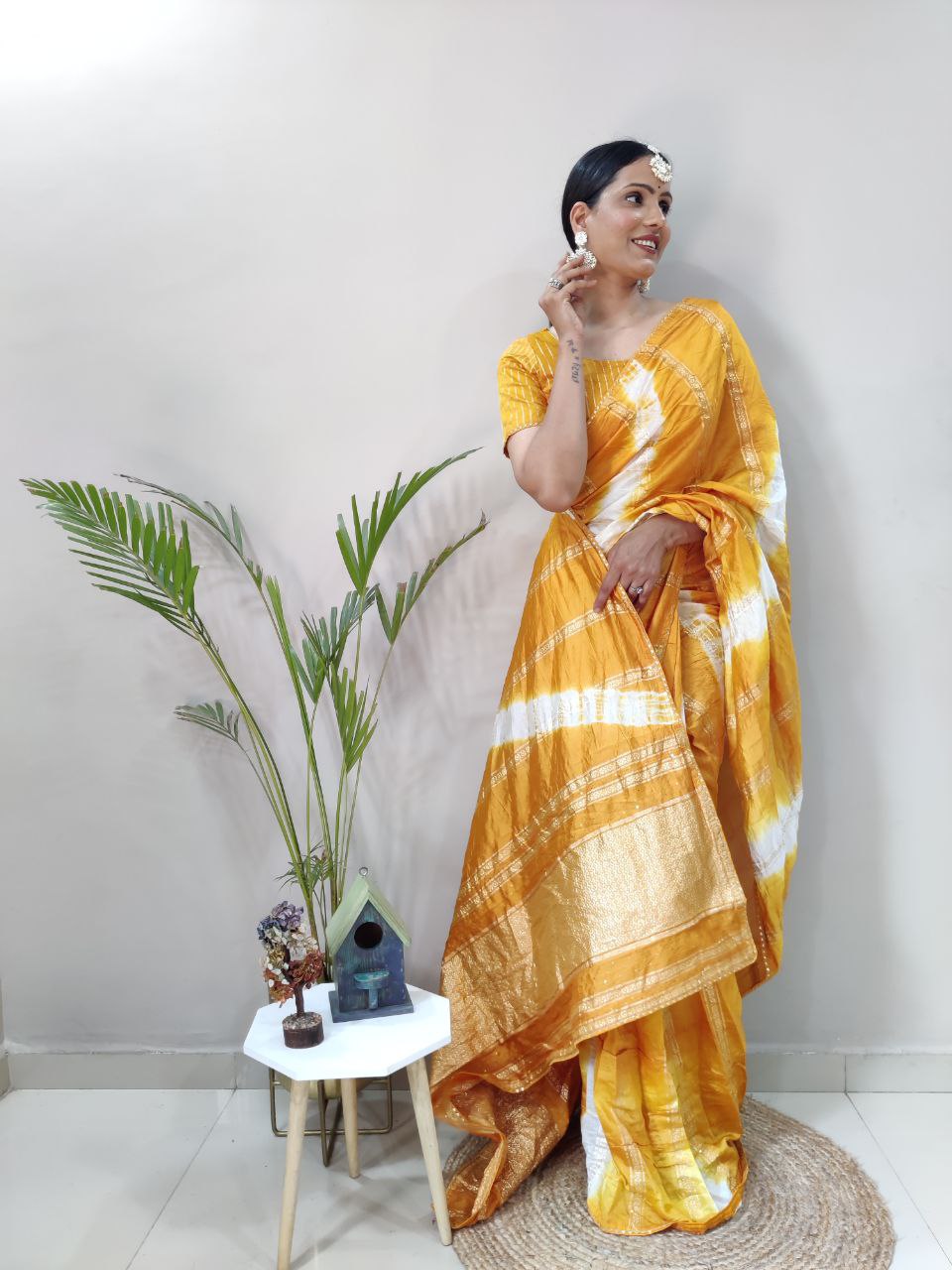 One Minute Ready To Wear Nylon Viscose Yellow Chanderi Silk Saree Divashree