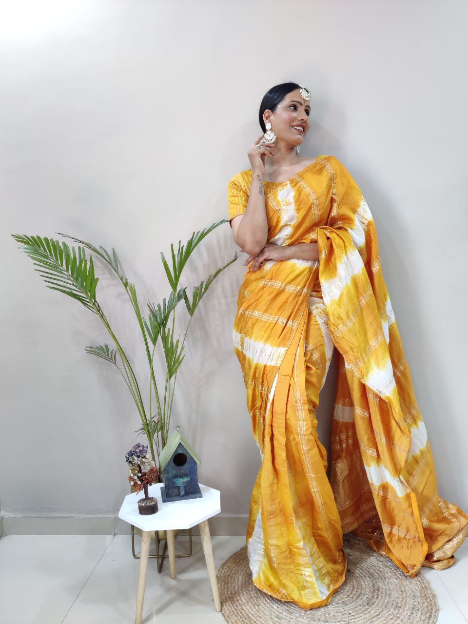 One Minute Ready To Wear Nylon Viscose Yellow Chanderi Silk Saree Divashree