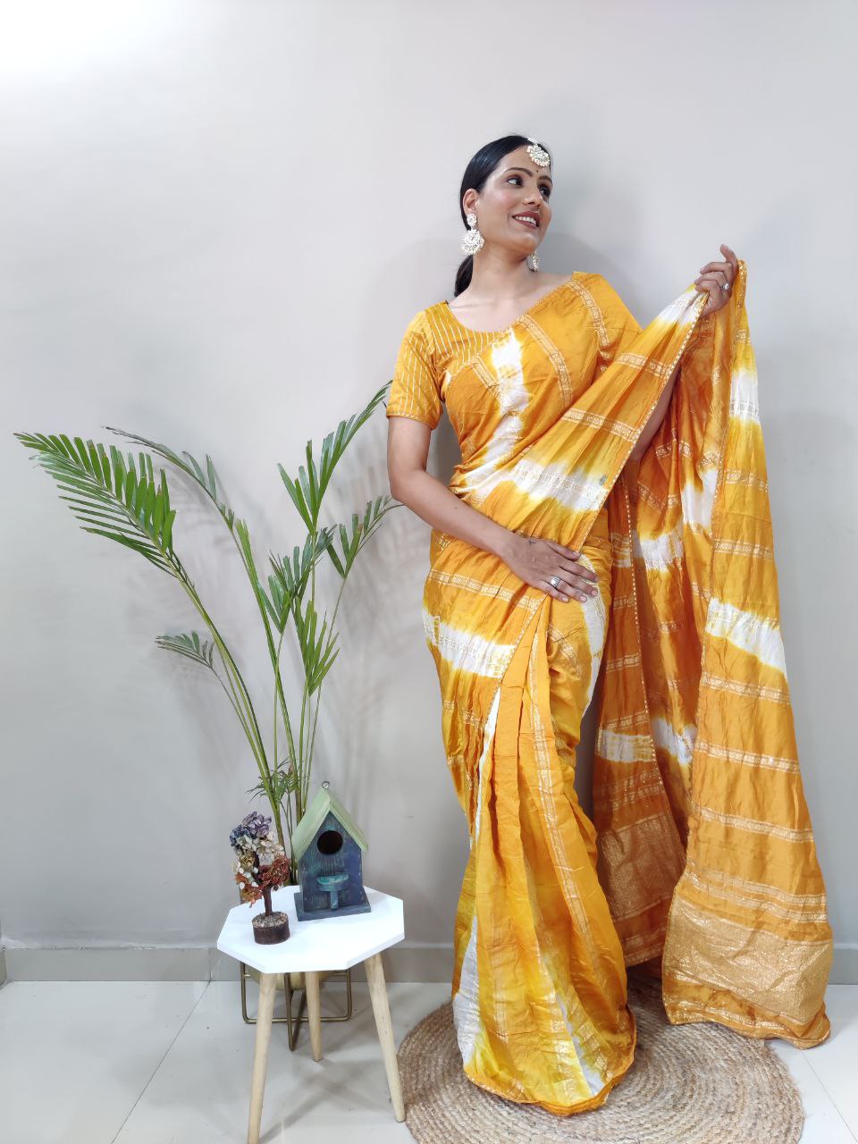 One Minute Ready To Wear Nylon Viscose Yellow Chanderi Silk Saree Divashree