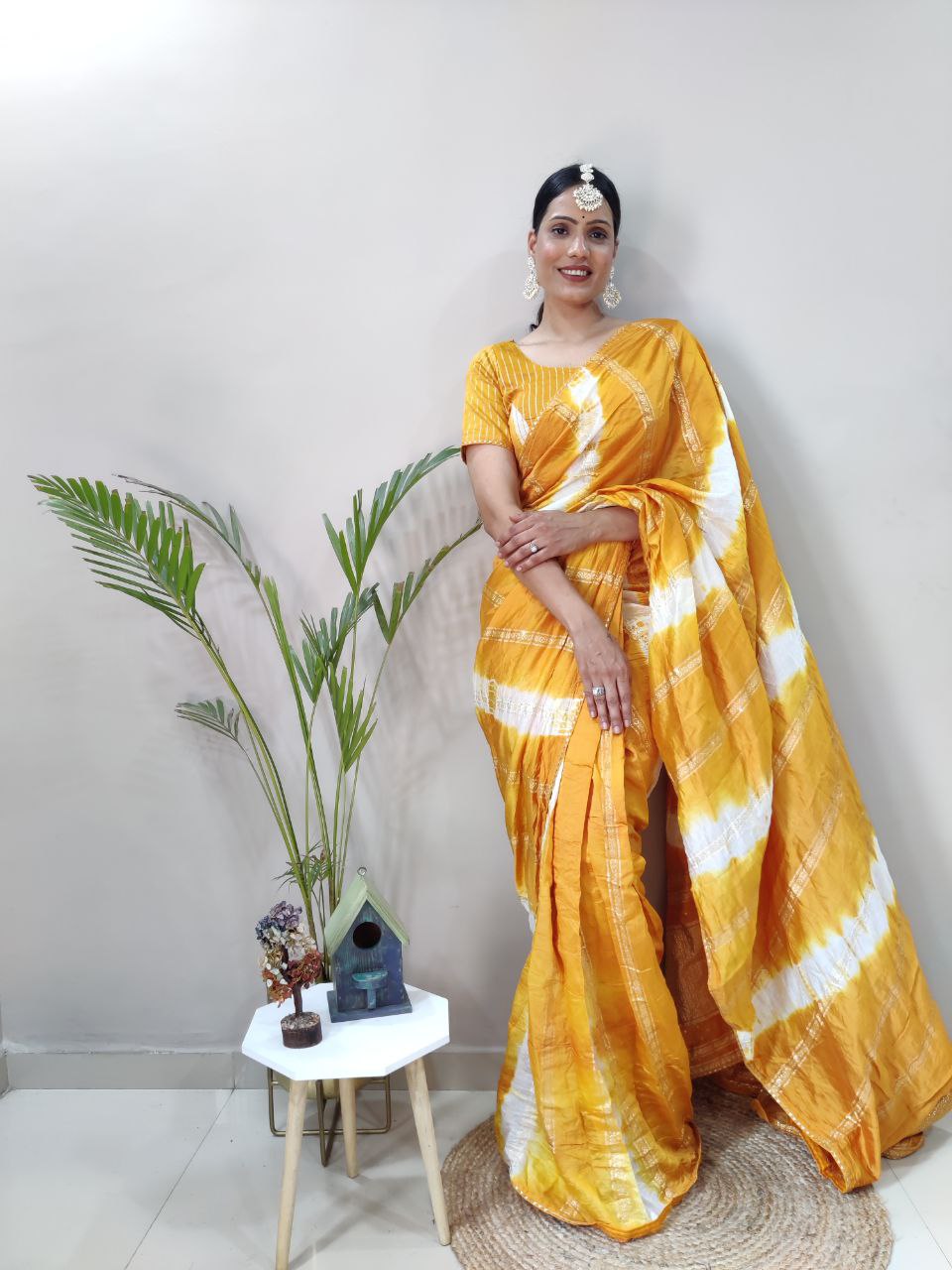 One Minute Ready To Wear Nylon Viscose Yellow Chanderi Silk Saree Divashree