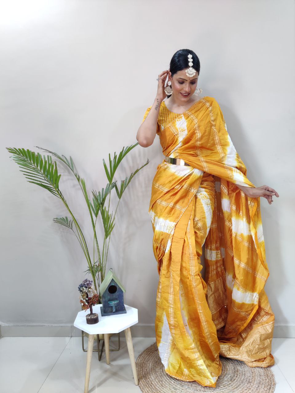 One Minute Ready To Wear Nylon Viscose Yellow Chanderi Silk Saree Divashree