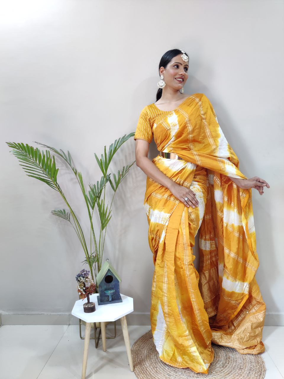 One Minute Ready To Wear Nylon Viscose Yellow Chanderi Silk Saree Divashree