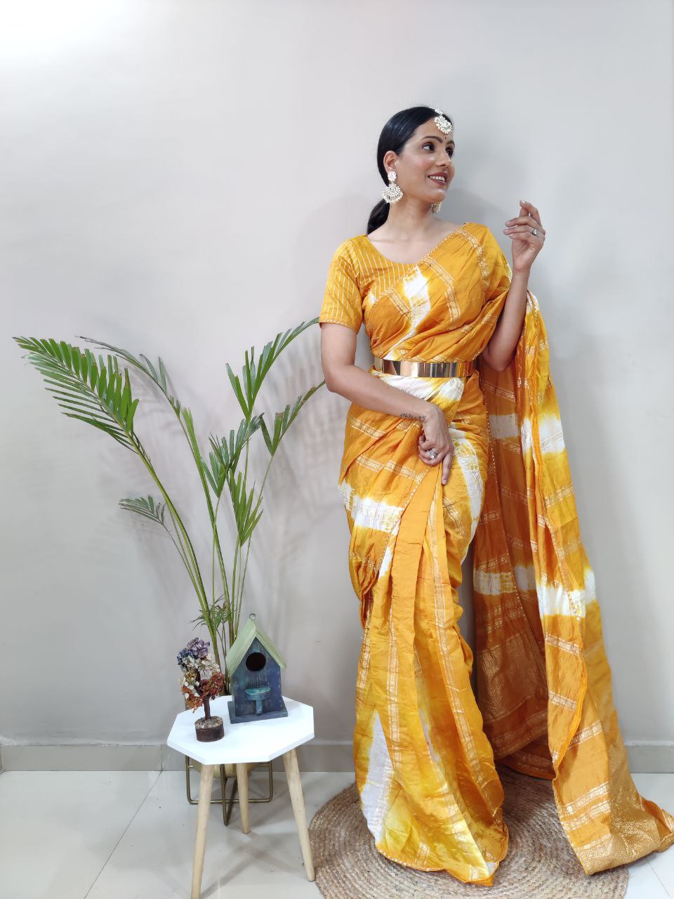 One Minute Ready To Wear Nylon Viscose Yellow Chanderi Silk Saree Divashree