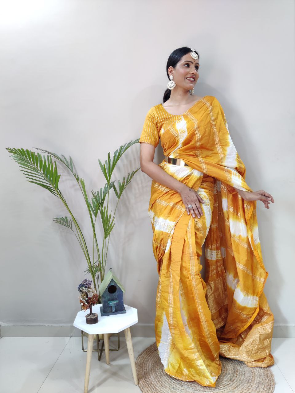 One Minute Ready To Wear Nylon Viscose Yellow Chanderi Silk Saree Divashree