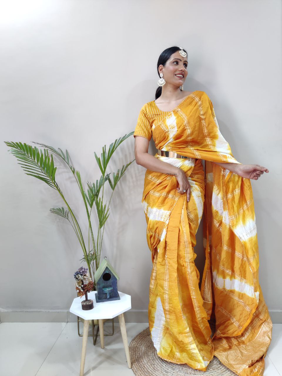 One Minute Ready To Wear Nylon Viscose Yellow Chanderi Silk Saree Divashree