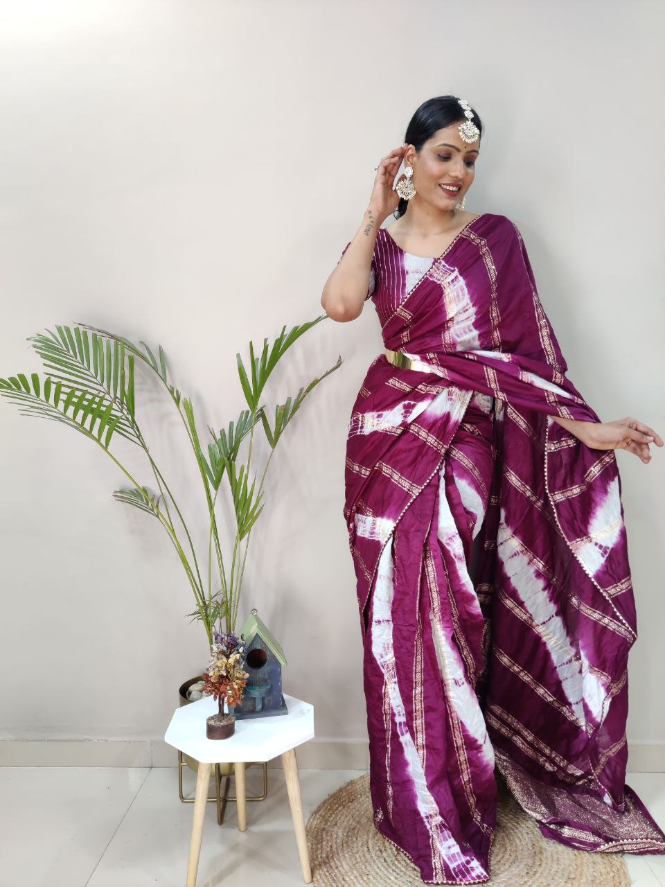 One Minute Ready To Wear Nylon Viscose Wine Chanderi Silk Saree Divashree