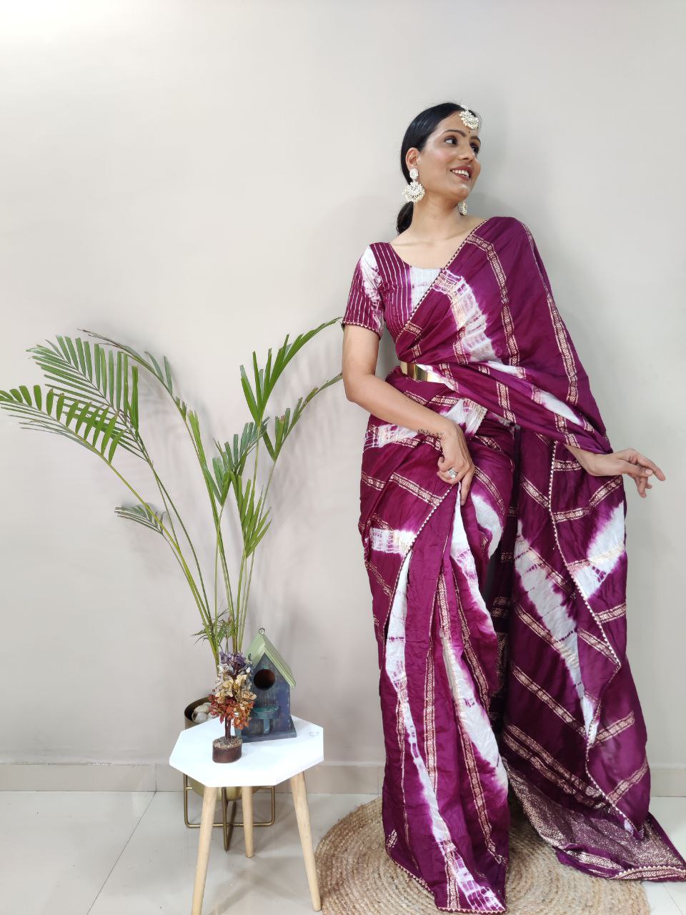 One Minute Ready To Wear Nylon Viscose Wine Chanderi Silk Saree Divashree