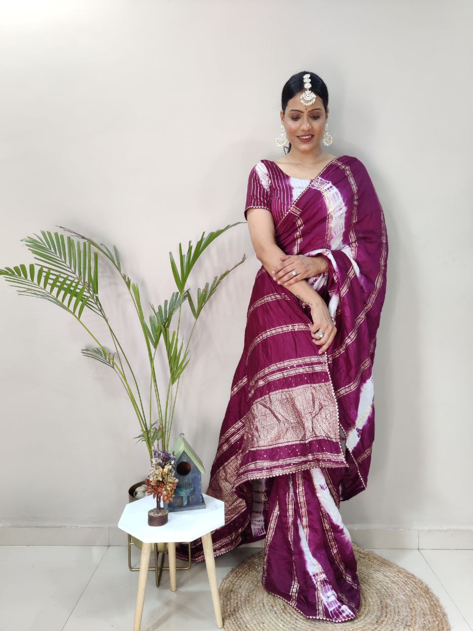 One Minute Ready To Wear Nylon Viscose Wine Chanderi Silk Saree Divashree