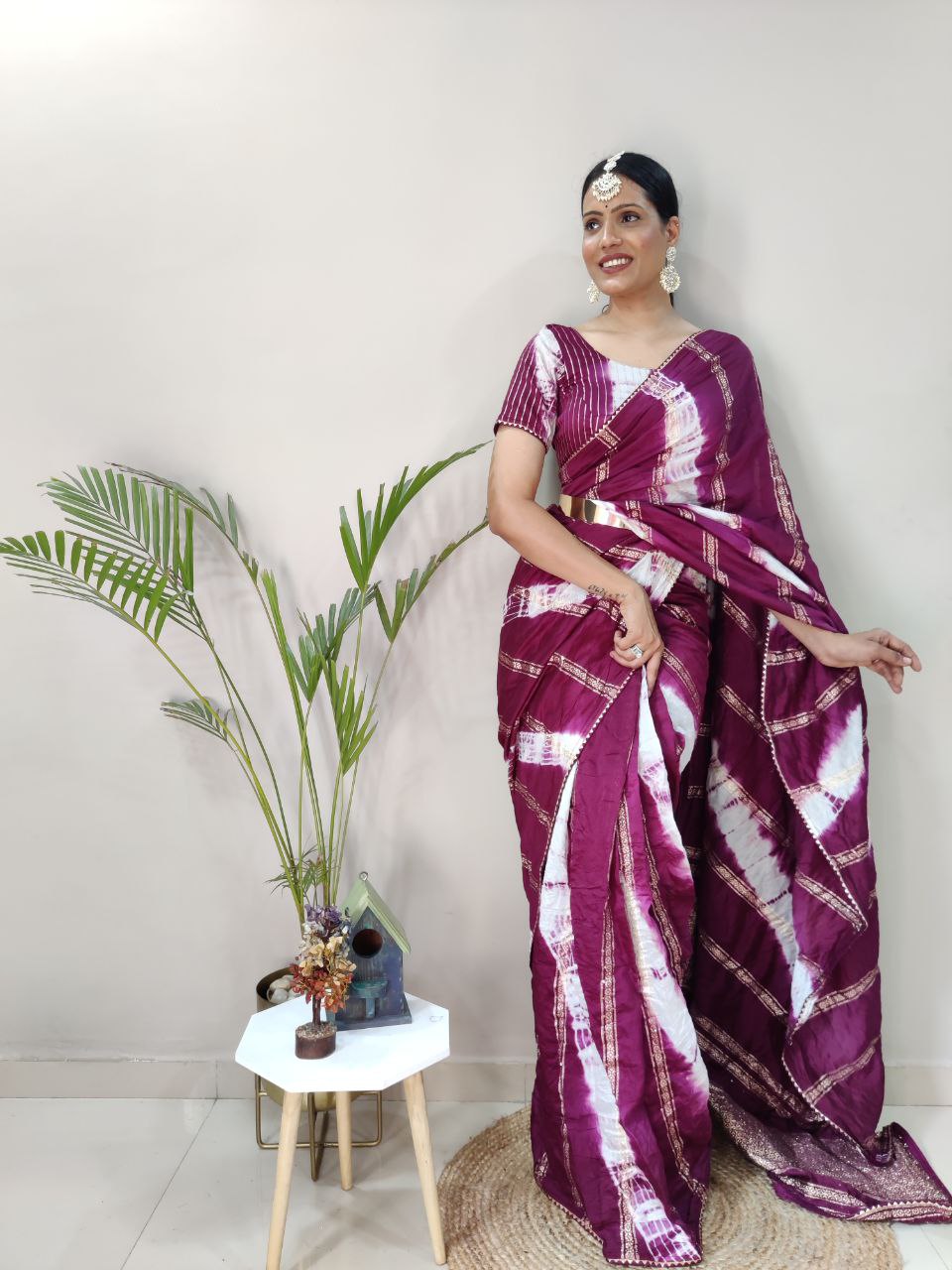 One Minute Ready To Wear Nylon Viscose Wine Chanderi Silk Saree Divashree