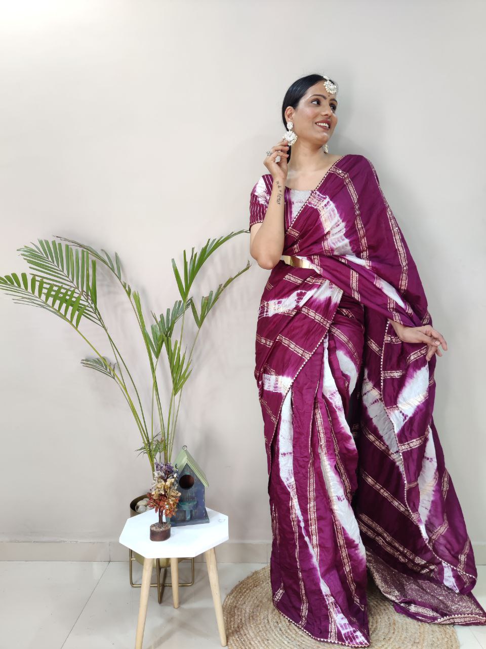 One Minute Ready To Wear Nylon Viscose Wine Chanderi Silk Saree Divashree