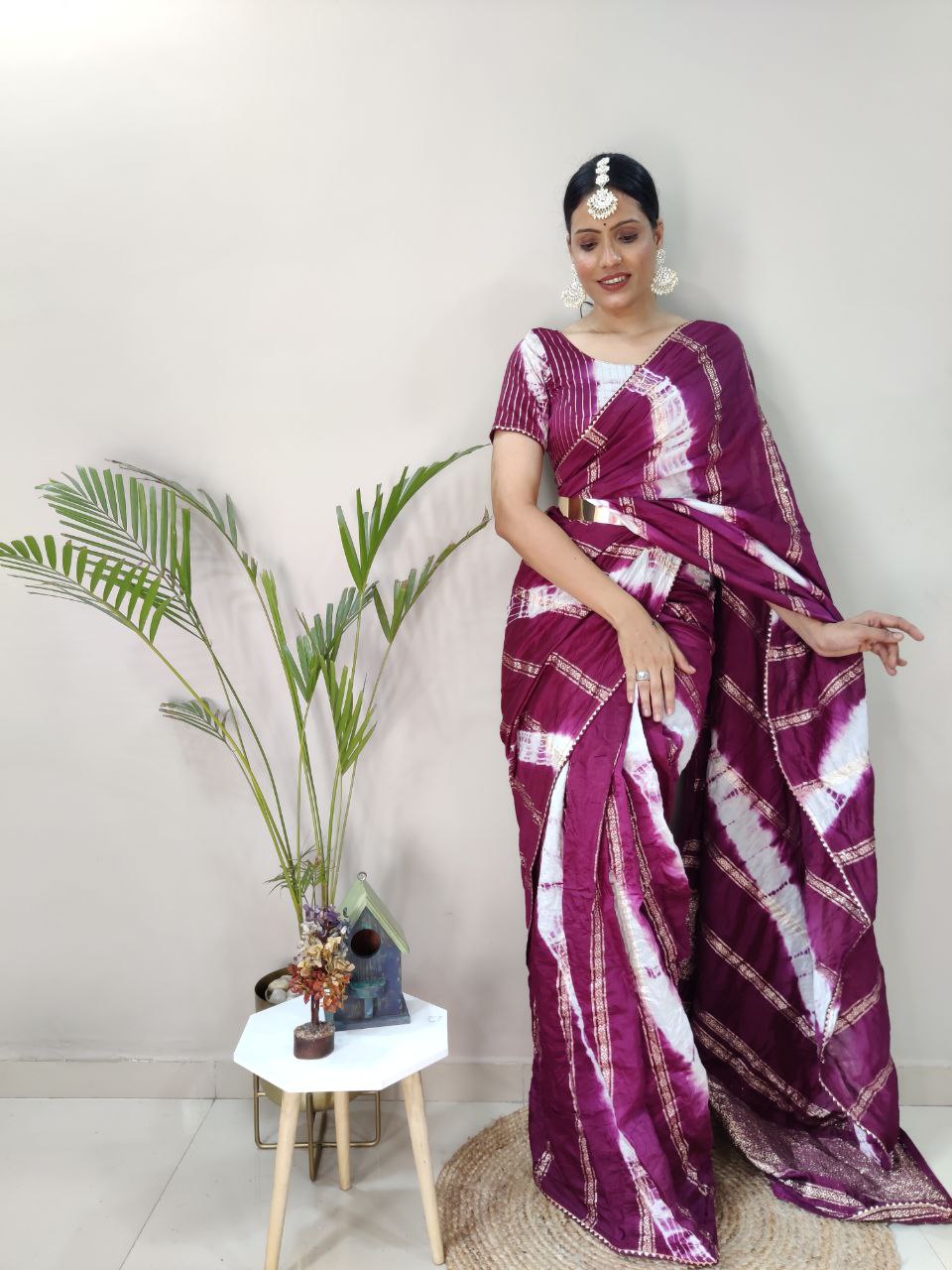 One Minute Ready To Wear Nylon Viscose Wine Chanderi Silk Saree Divashree