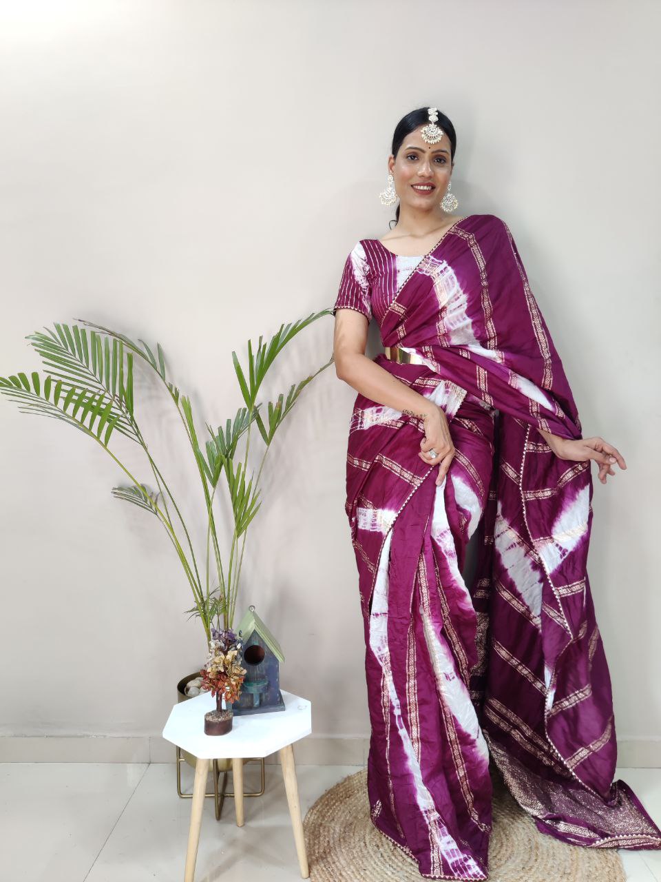 One Minute Ready To Wear Nylon Viscose Wine Chanderi Silk Saree Divashree