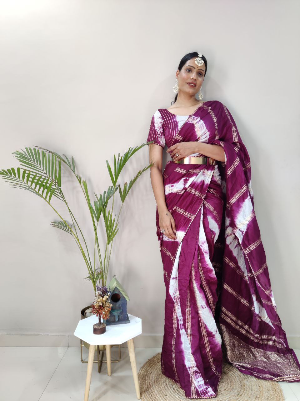 One Minute Ready To Wear Nylon Viscose Wine Chanderi Silk Saree Divashree