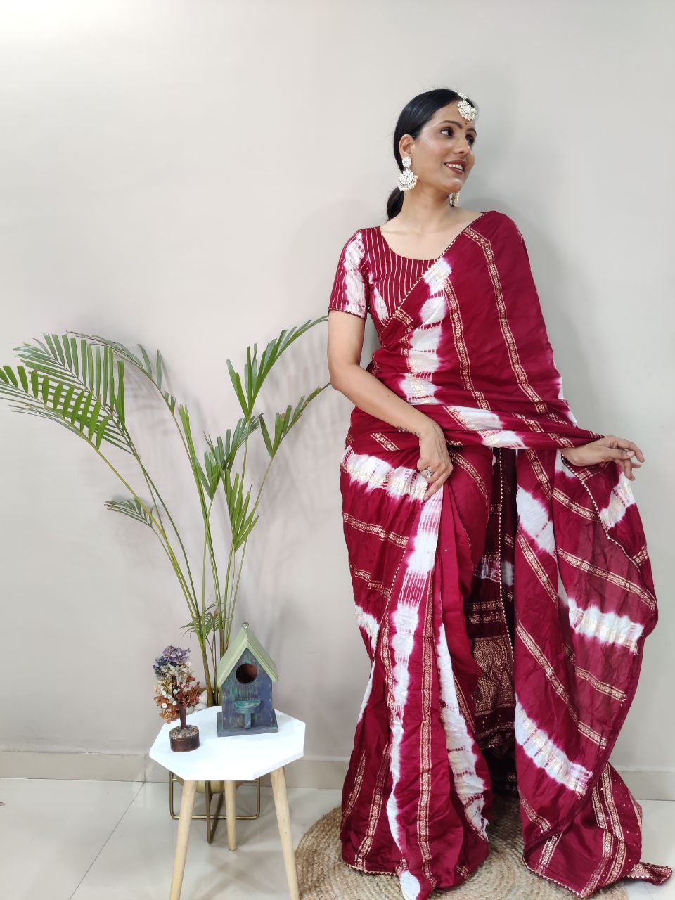 One Minute Ready To Wear Nylon Viscose Maroon Chanderi Silk Saree Divashree