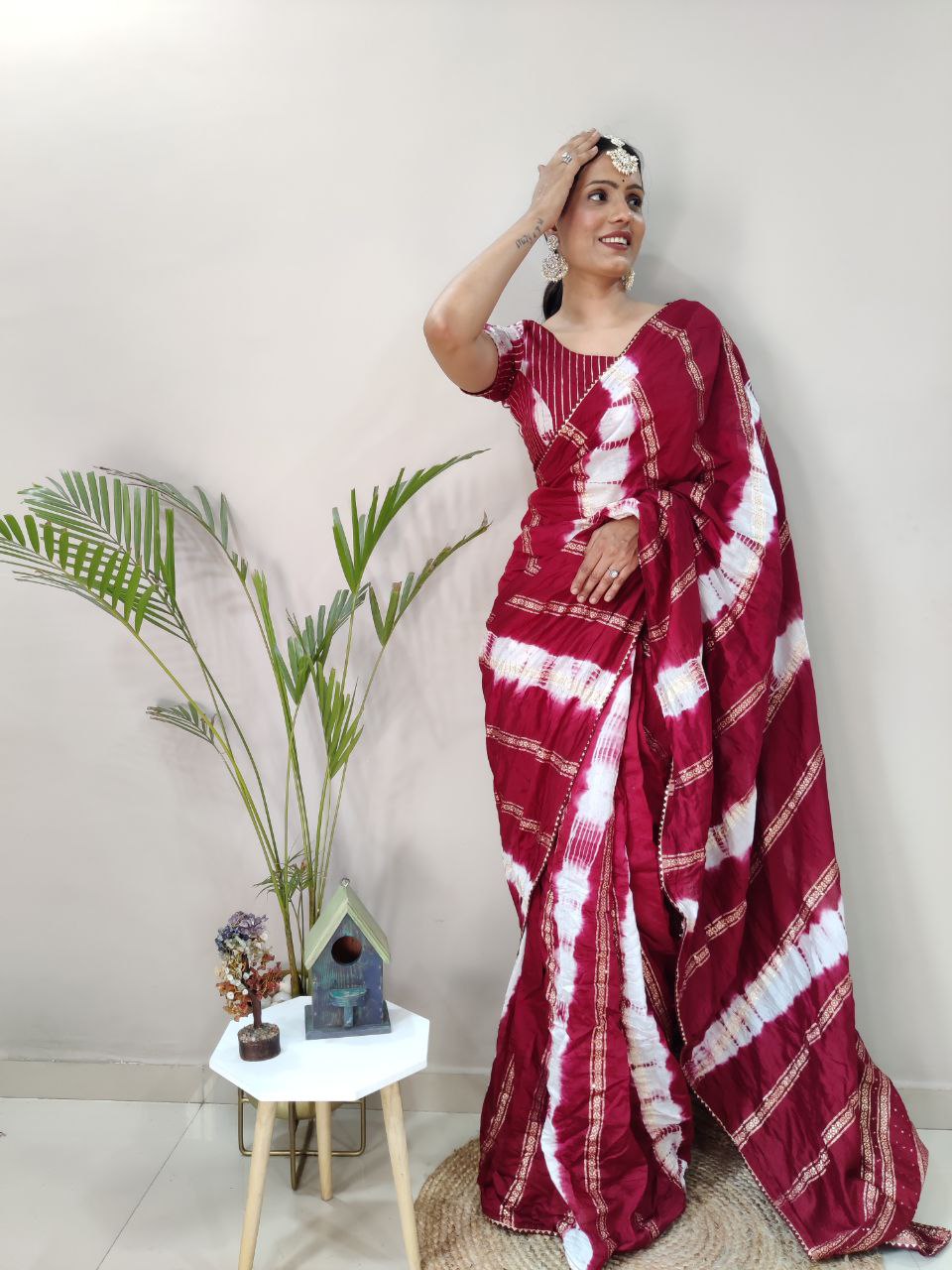 One Minute Ready To Wear Nylon Viscose Maroon Chanderi Silk Saree Divashree