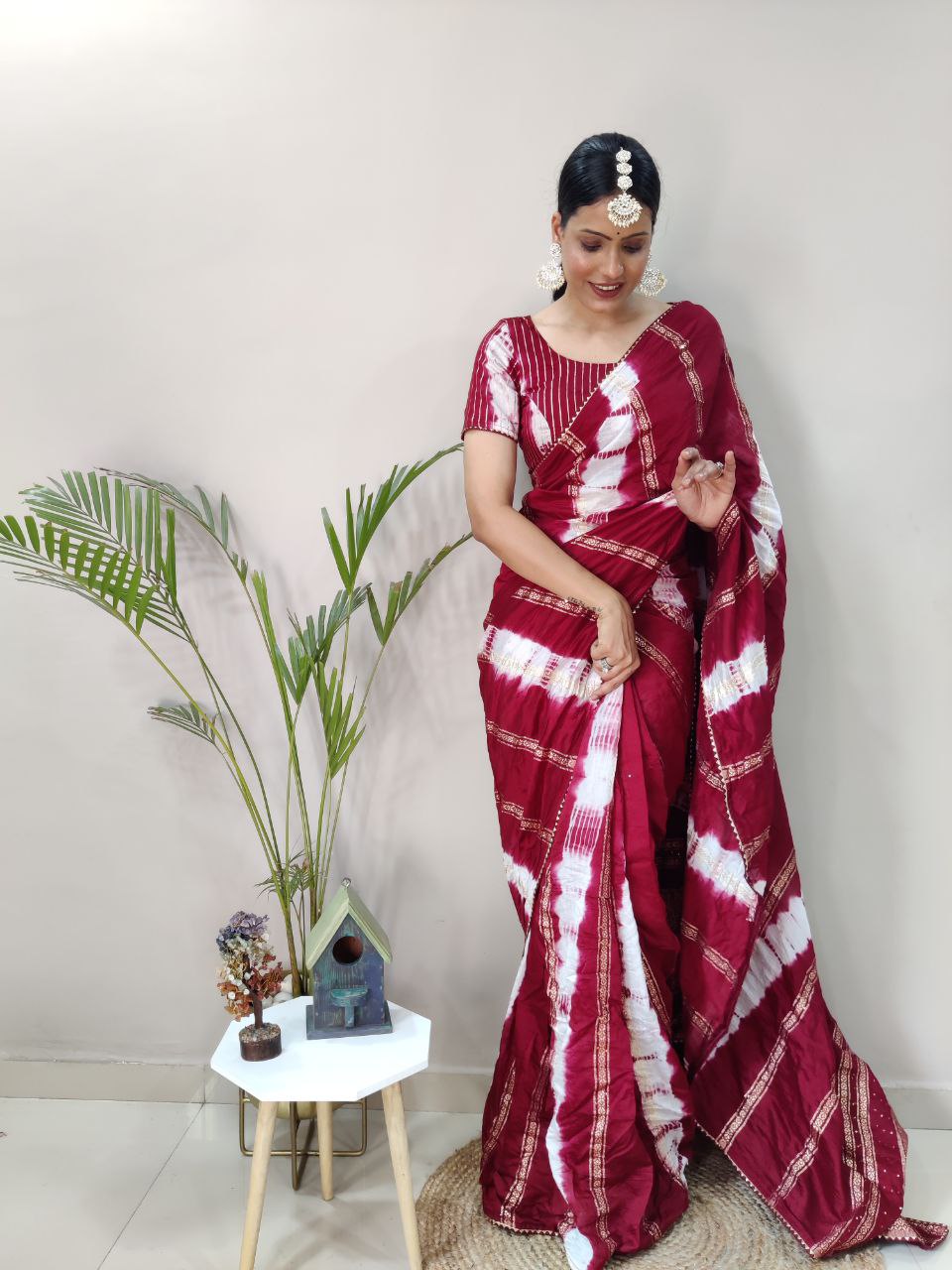 One Minute Ready To Wear Nylon Viscose Maroon Chanderi Silk Saree Divashree