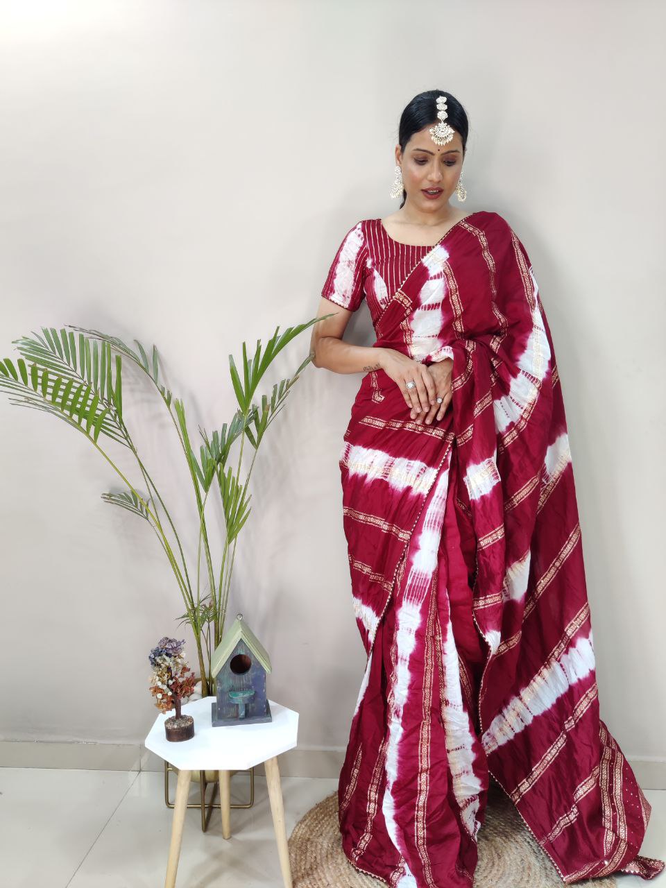 One Minute Ready To Wear Nylon Viscose Maroon Chanderi Silk Saree Divashree