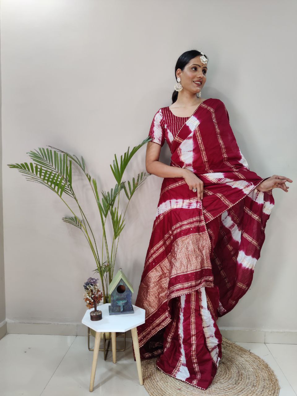 One Minute Ready To Wear Nylon Viscose Maroon Chanderi Silk Saree Divashree