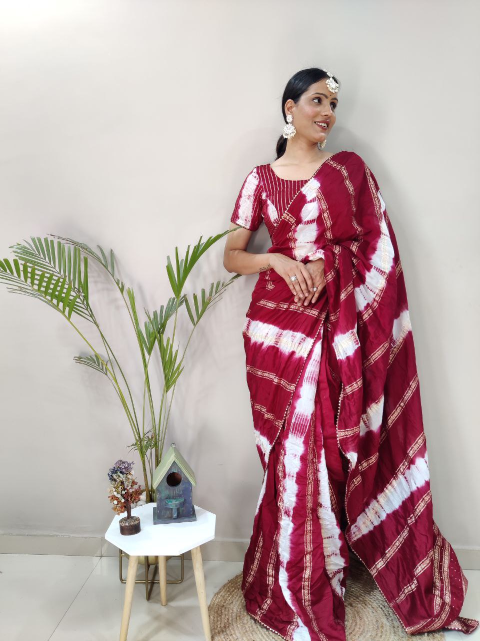 One Minute Ready To Wear Nylon Viscose Maroon Chanderi Silk Saree Divashree