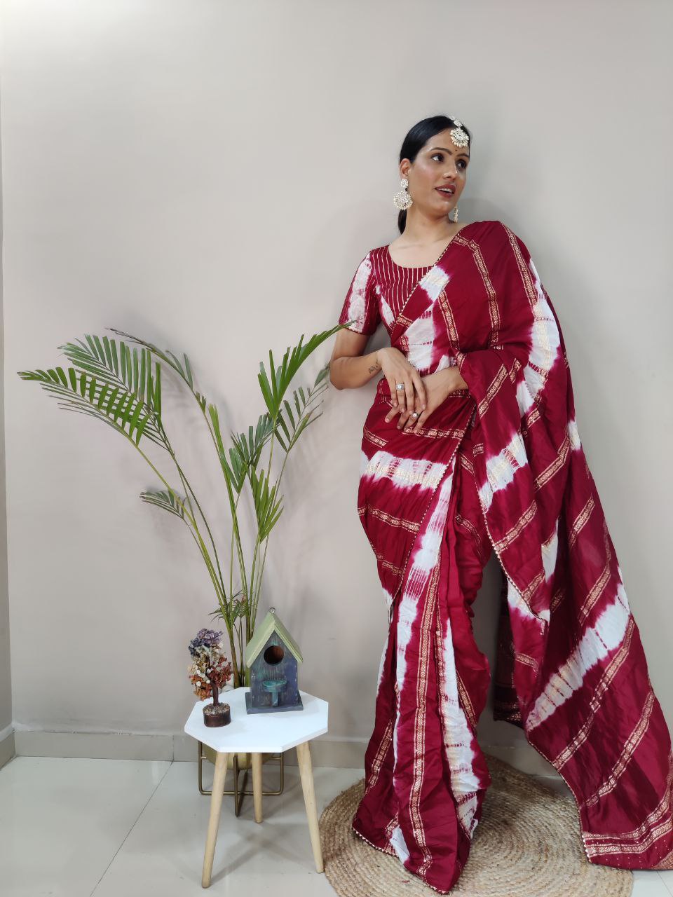 One Minute Ready To Wear Nylon Viscose Maroon Chanderi Silk Saree Divashree