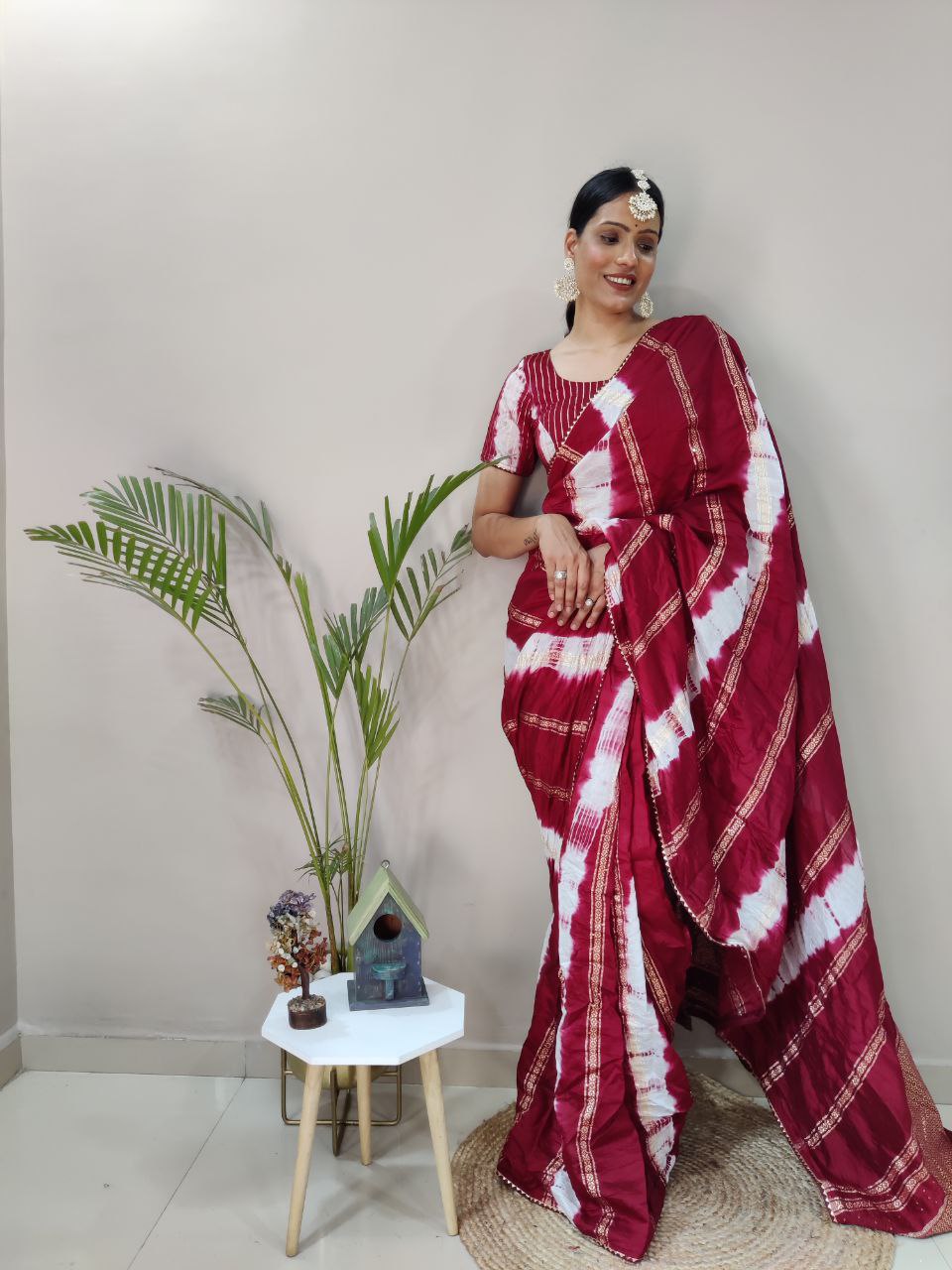 One Minute Ready To Wear Nylon Viscose Maroon Chanderi Silk Saree Divashree