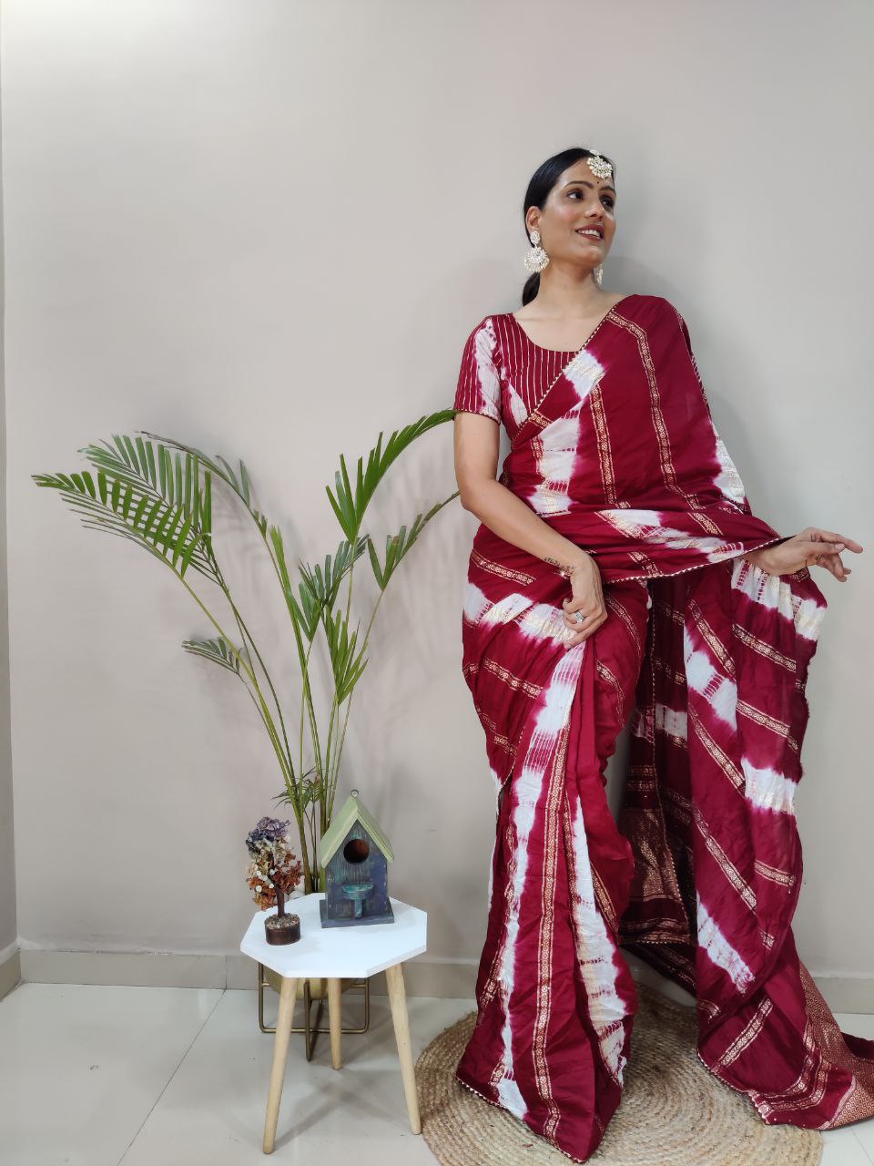 One Minute Ready To Wear Nylon Viscose Maroon Chanderi Silk Saree Divashree