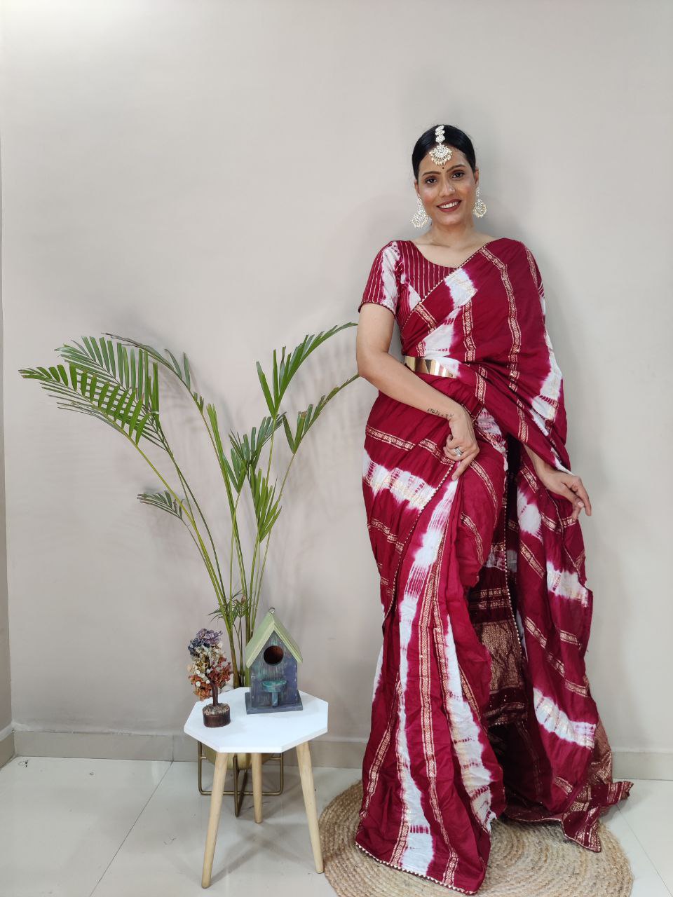 One Minute Ready To Wear Nylon Viscose Maroon Chanderi Silk Saree Divashree