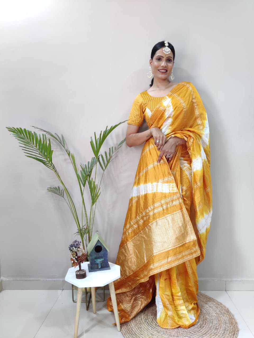 One Minute Ready To Wear Nylon Viscose Yellow Chanderi Silk Saree Divashree