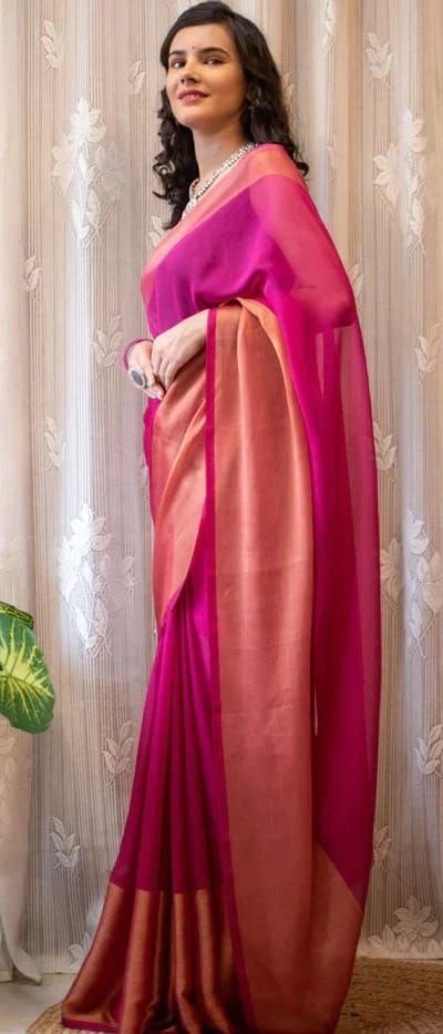 One Minute Ready To Wear Saree In Premium Chiffon Silk 3d Pink Padding Zari Patta Divashree