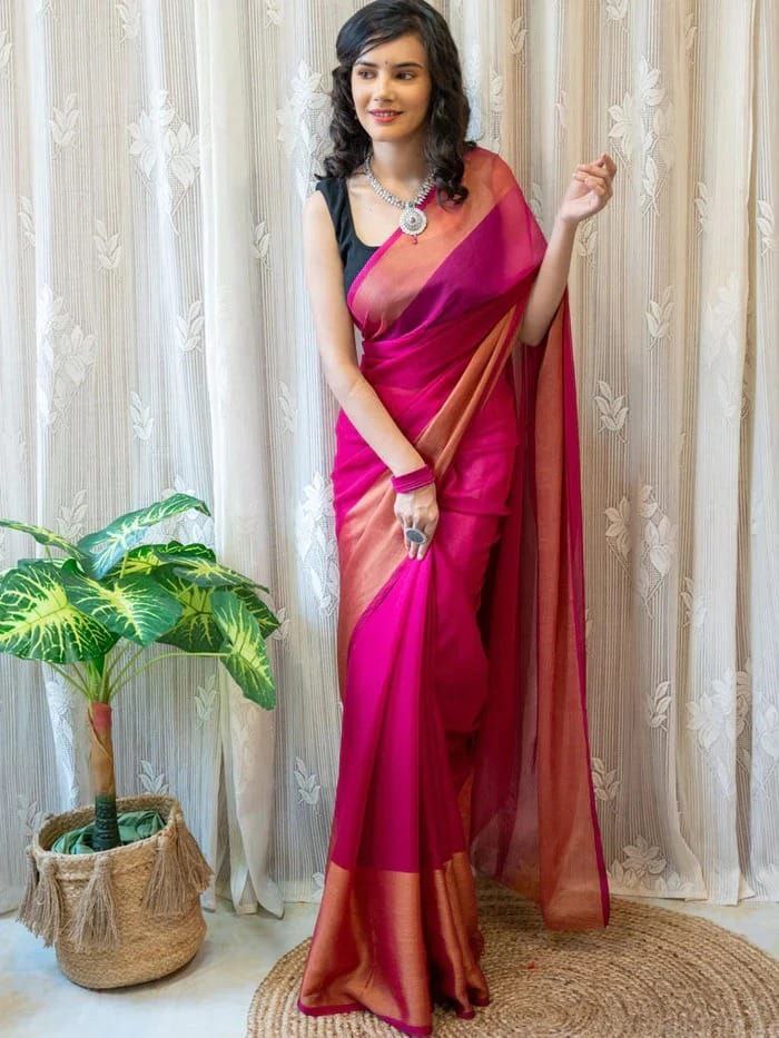 One Minute Ready To Wear Saree In Premium Chiffon Silk 3d Pink Padding Zari Patta Divashree