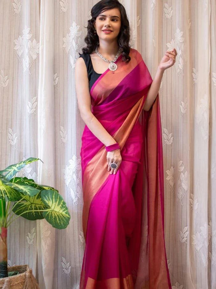 One Minute Ready To Wear Saree In Premium Chiffon Silk 3d Pink Padding Zari Patta Divashree