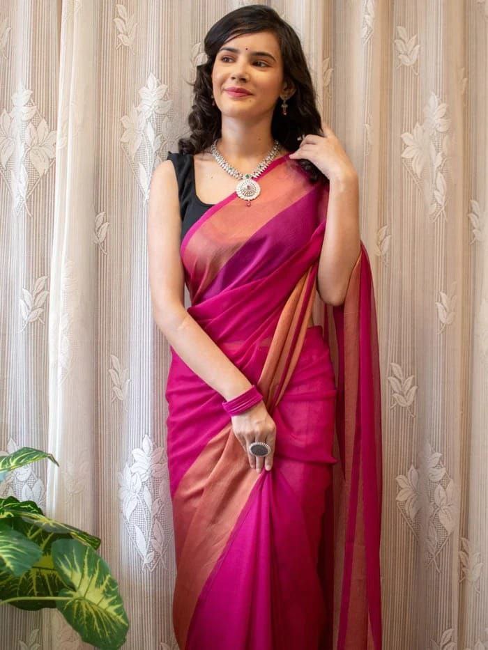 One Minute Ready To Wear Saree In Premium Chiffon Silk 3d Pink Padding Zari Patta Divashree