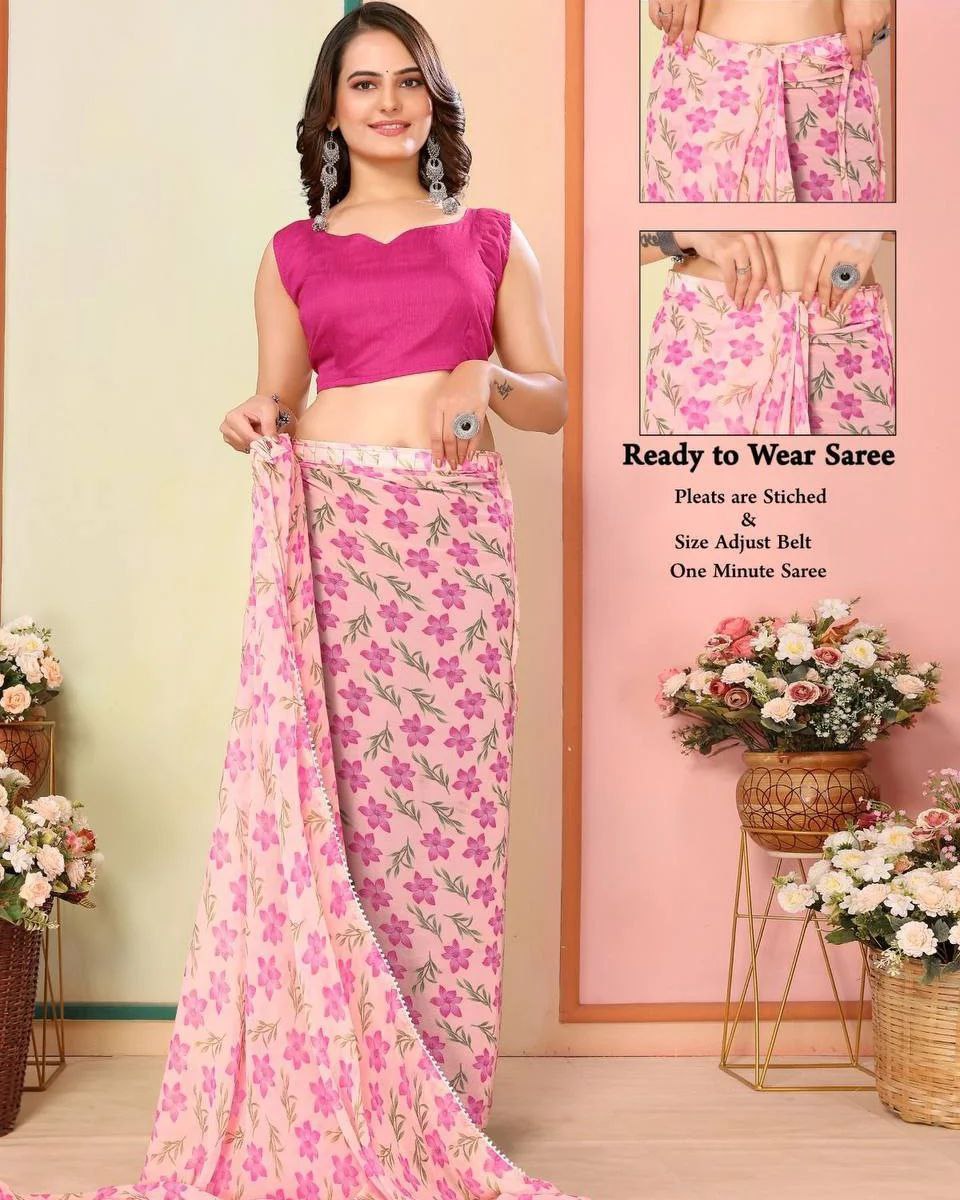 One Minute Ready To Wear Pink Flower Saree