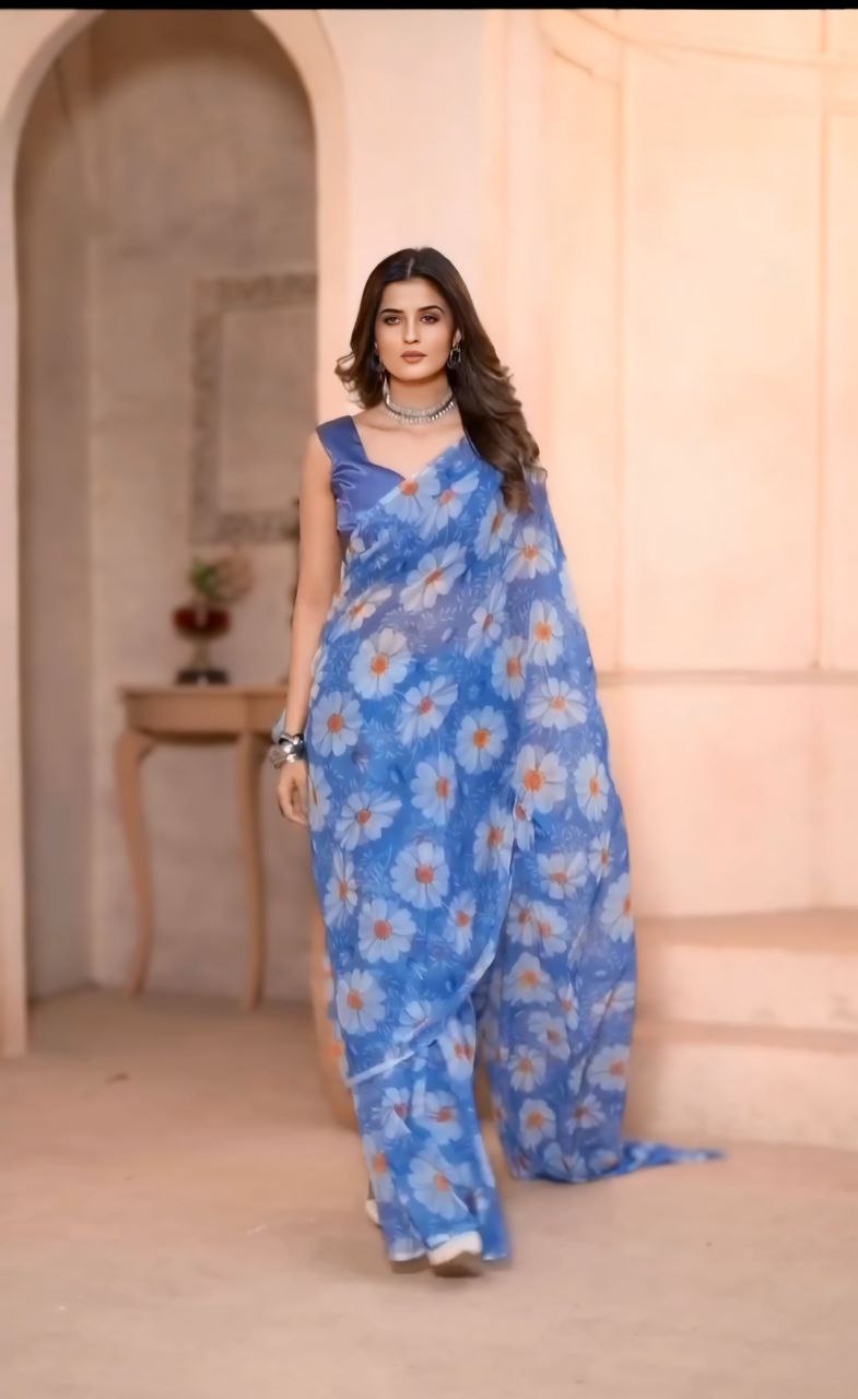 One Minute Ready To Wear Flower Blue Saree