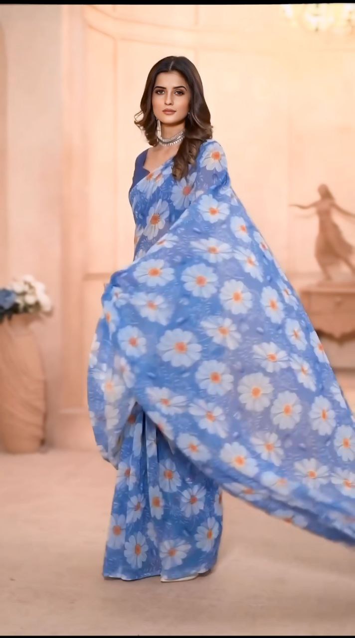 One Minute Ready To Wear Flower Blue Saree