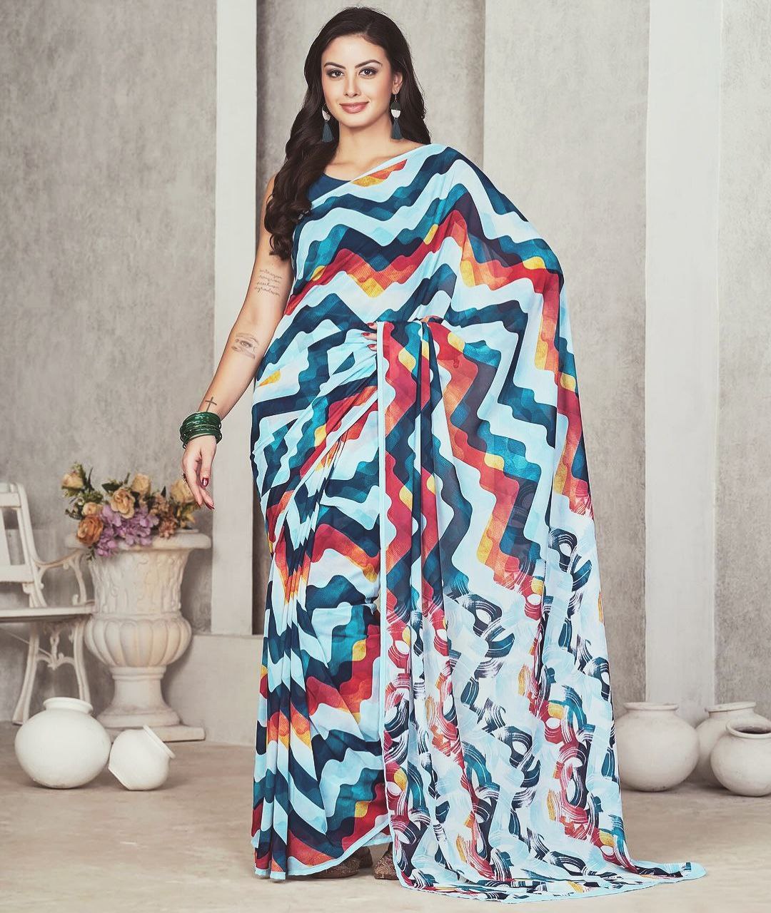 One Minute Ready To Wear Zigzag Printed Saree