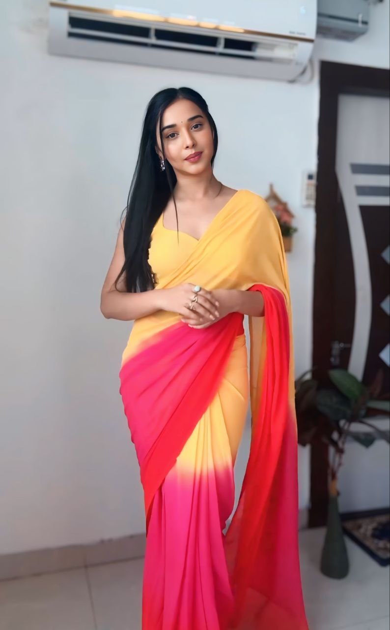 One Minute Ready To Wear Red Yellow Saree