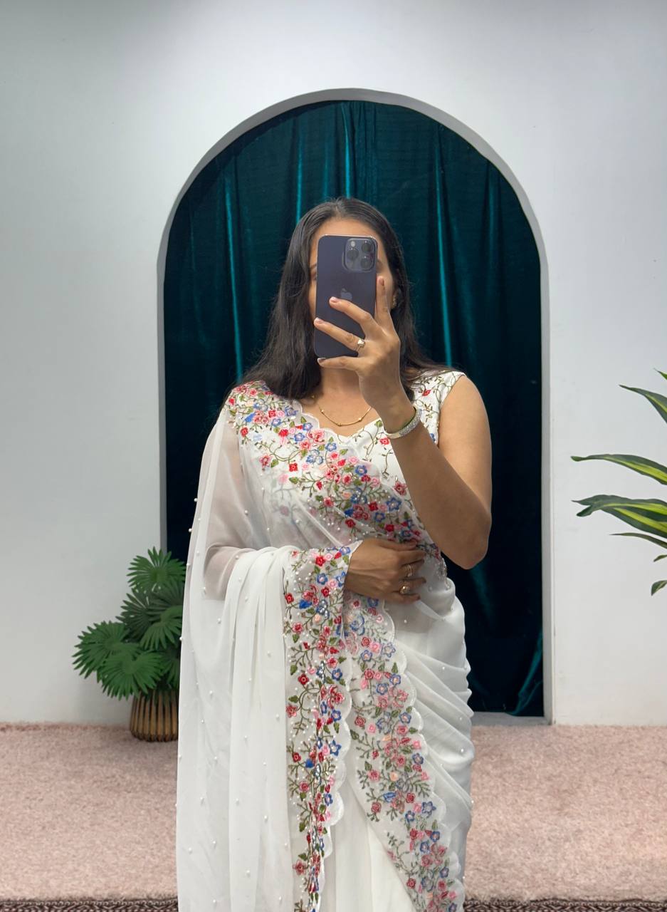 New Primiume Quality Faux Georgette Embroidered Work Cut and Hand Work Border Saree