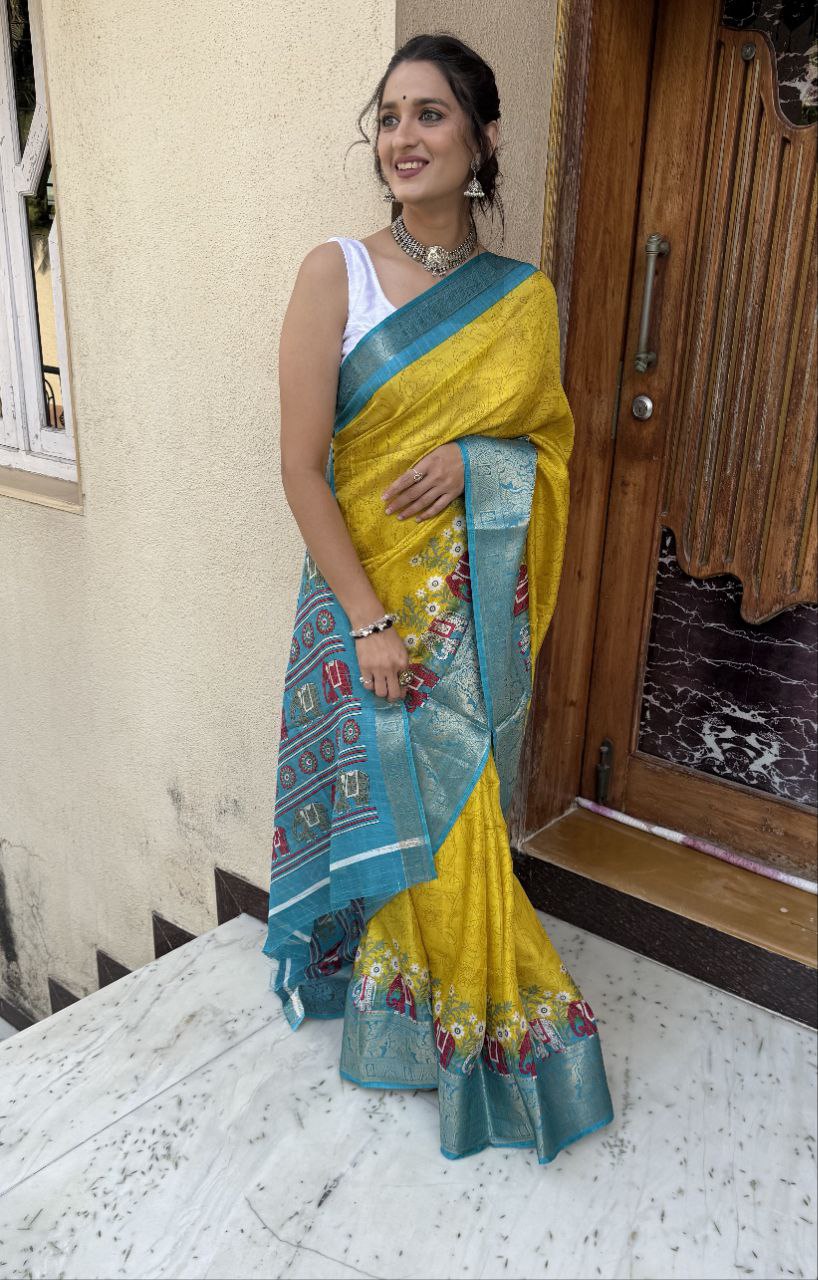 New Fancy Kalamkari Print & Jecard Kanjivaram Zari Boder Yellow Saree With Unstiched Blouse