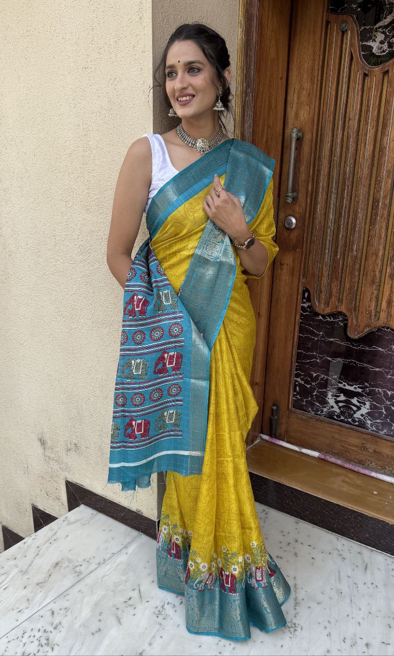 New Fancy Kalamkari Print & Jecard Kanjivaram Zari Boder Yellow Saree With Unstiched Blouse