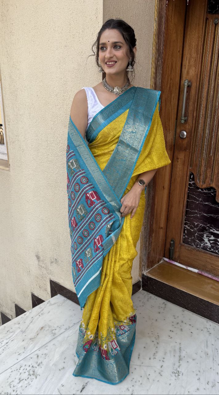 New Fancy Kalamkari Print & Jecard Kanjivaram Zari Boder Yellow Saree With Unstiched Blouse