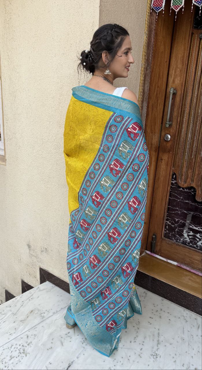 New Fancy Kalamkari Print & Jecard Kanjivaram Zari Boder Yellow Saree With Unstiched Blouse