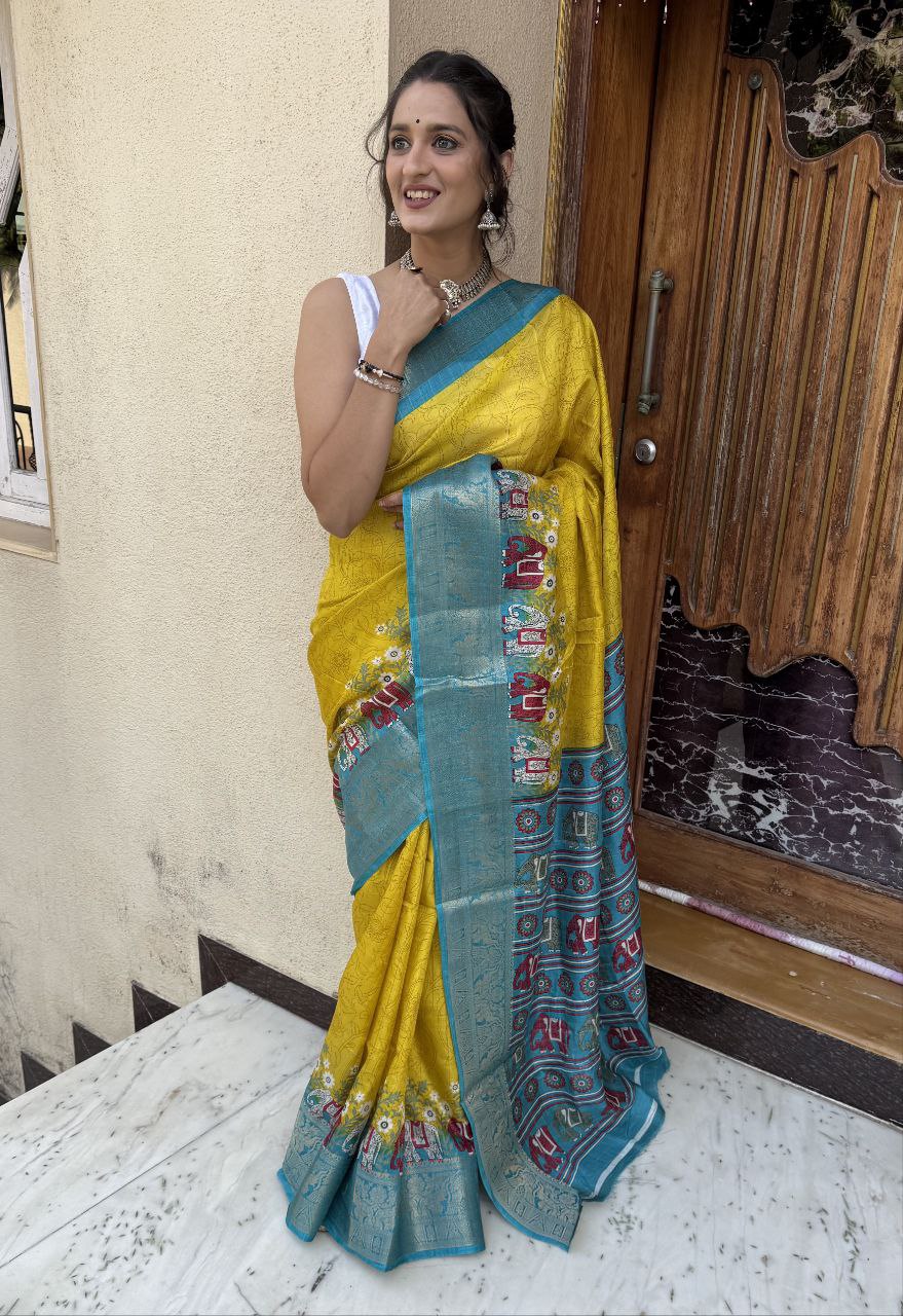 New Fancy Kalamkari Print & Jecard Kanjivaram Zari Boder Yellow Saree With Unstiched Blouse