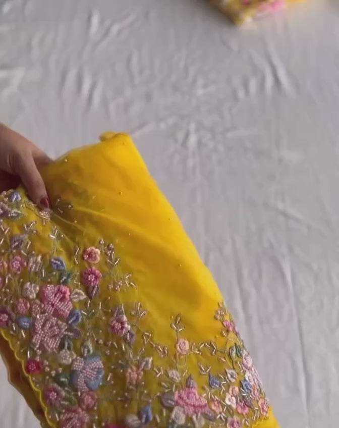 New Primiume Quality Faux Georgette Embroidered Work Cut and Hand Work Border Saree