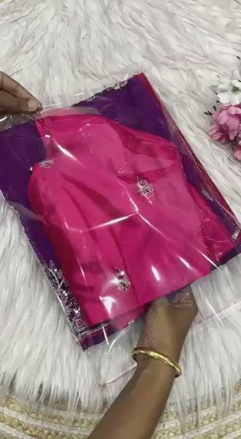 New Designer Natural Chinnon Purple Saree With Coding Sequence Embroidery Work