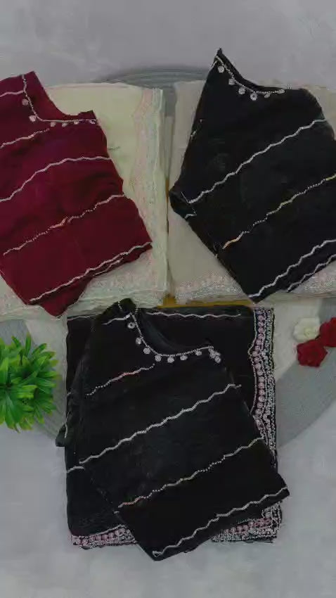 New Designer Fandy Sattin Saree With Brits Work - Black