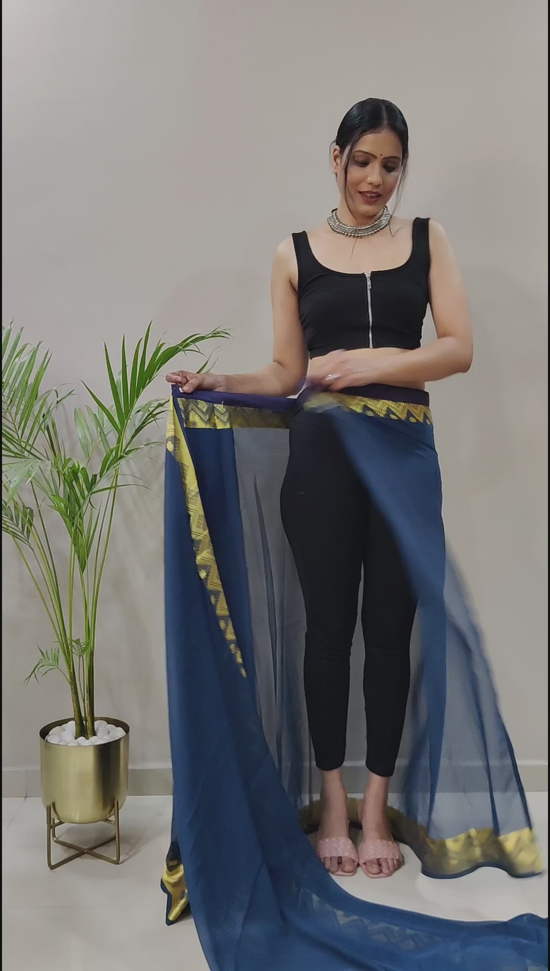 One Minute Ready to Wear New Premium Quality Georgette Mustange Blue With Jequard Border Saree