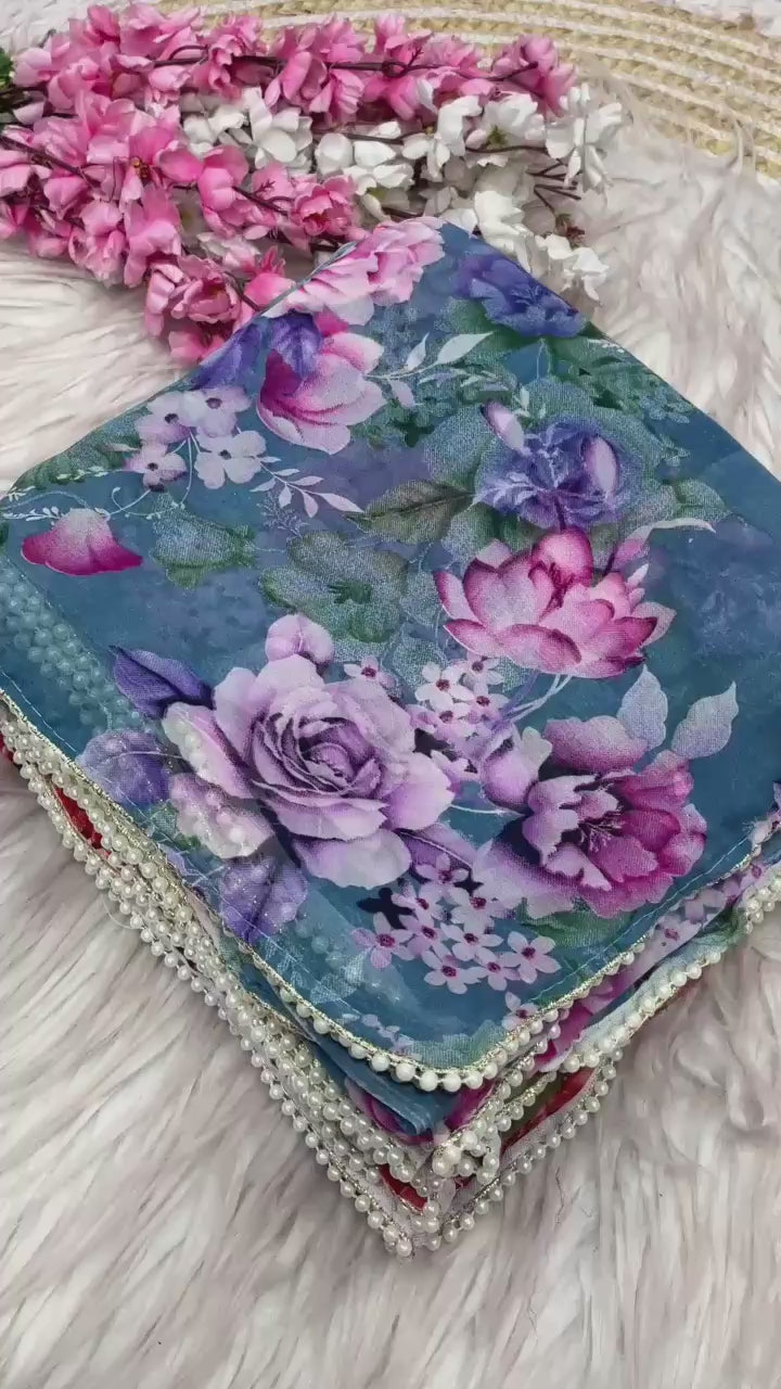 New Designer Digital Foral Printed Georgette Saree - Green