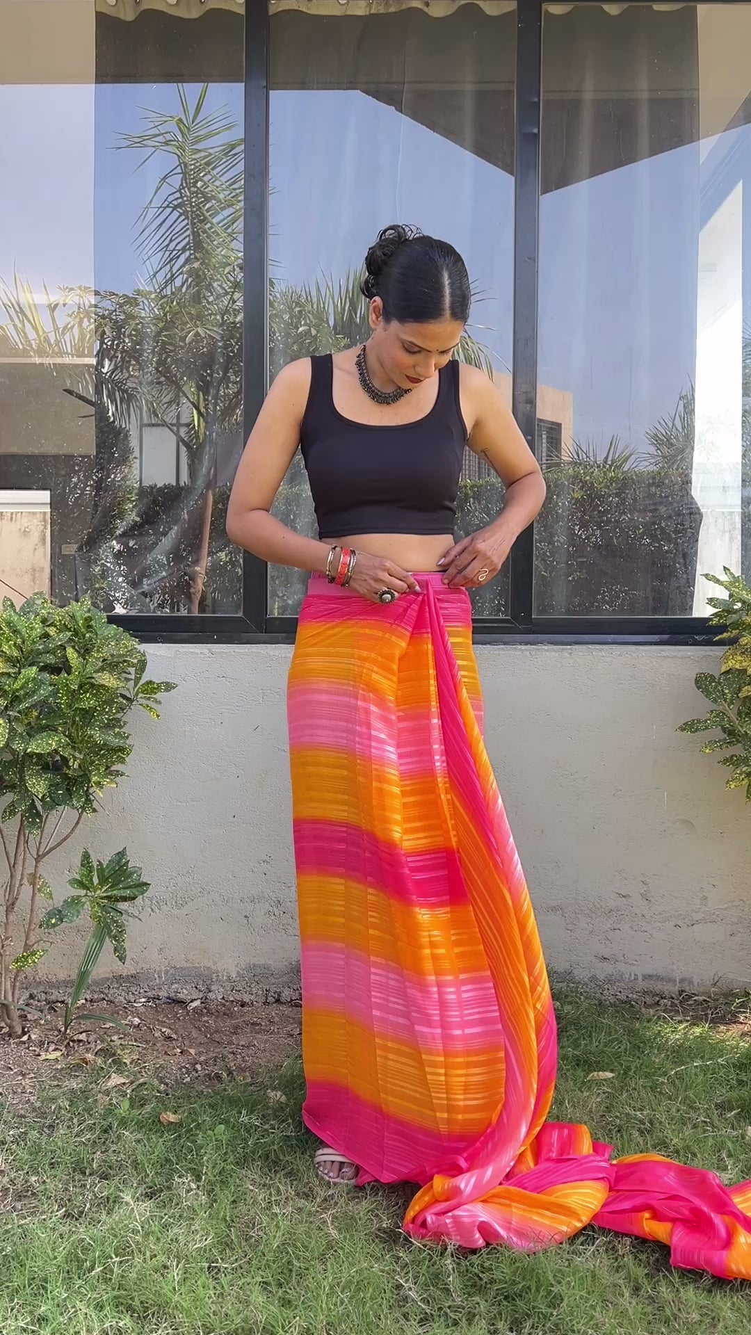 One Minute Ready To Wear New Orange and Yellow Sitara Print Saree