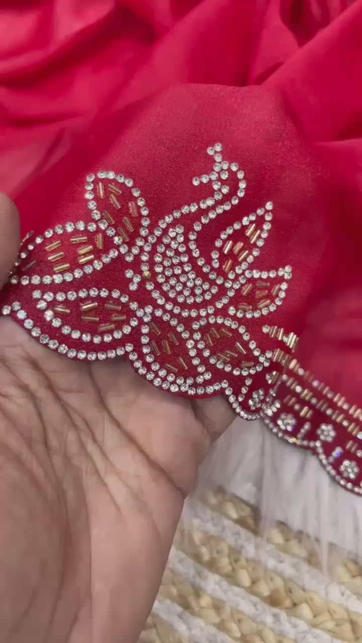 New Designer Blooming Georgette Red Saree With Jarkhan Work